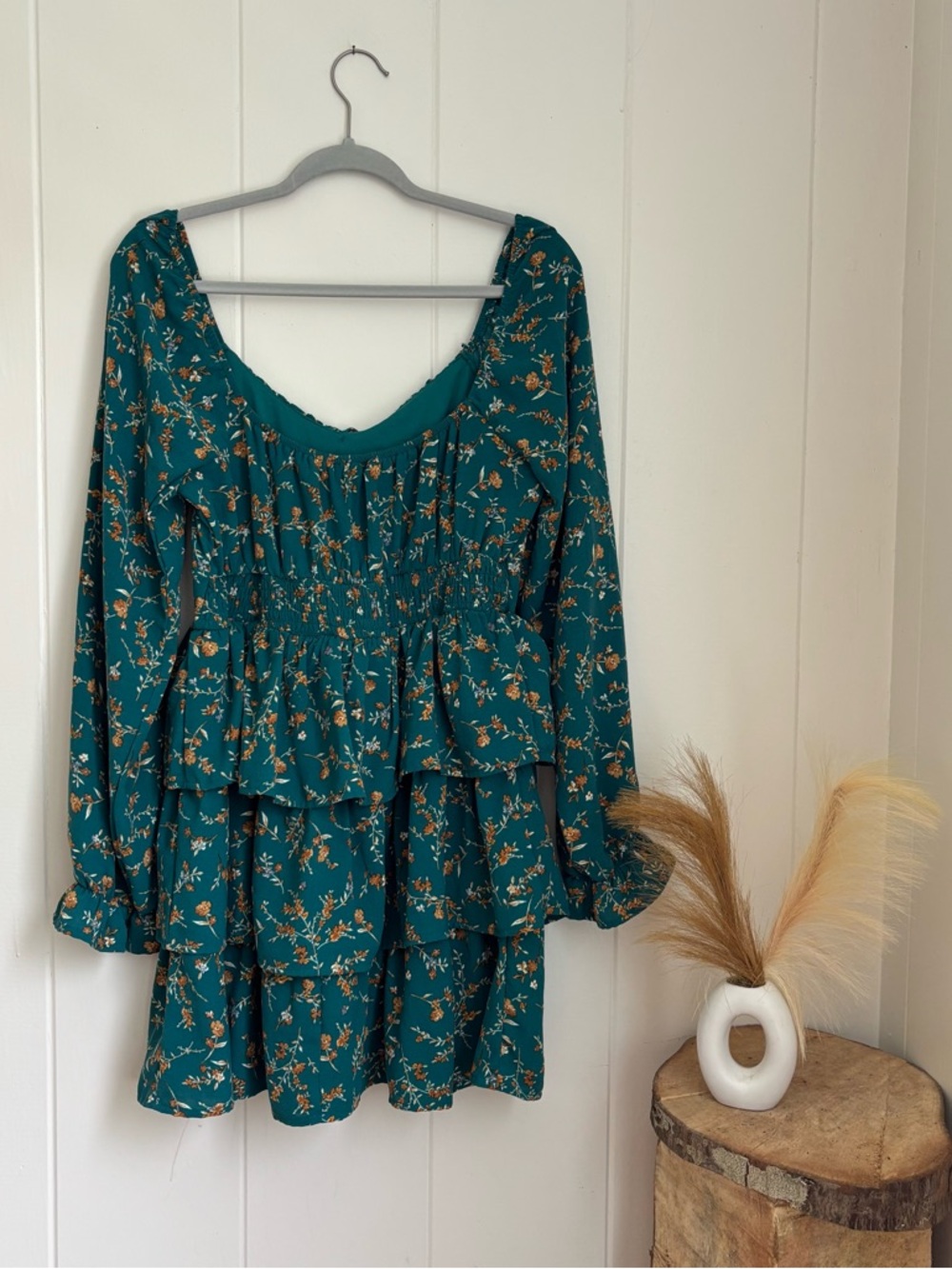 Teal Floral Tiered Long-Sleeve Dress by - Picture 6 of 6
